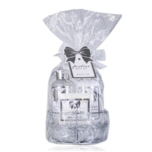 DÁRKOVÁ KOUPELNOVÁ SADA FESTIVE V KULATÉM DRÁTĚNÉM KOŠI - BÍLÝ ČAJ