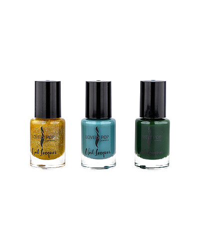 LOVELY POP: AMAZONIA SET TŘÍ LAKŮ NA NEHTY - ZELENÝ, TYRKYSOVÝ, ZLATÝ (3X12ML)