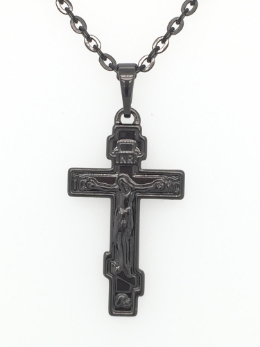 PŘÍVĚSEK KŘÍŽE INRI S JEŽÍŠEM V HEMATITOVÉ BARVĚ + ŘETÍZEK (AŽ 55CM)