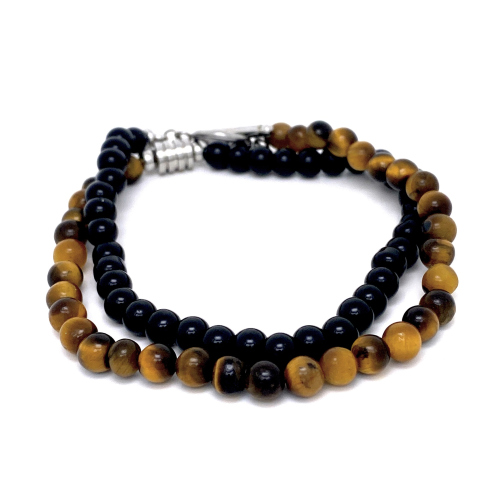 NÁHRDELNÍK S DVOJÍM ZDOBENÍM TYGŘÍHO OKA A S DESIGNEM OBSIDIÁNU (UŠLECH. OCEL)