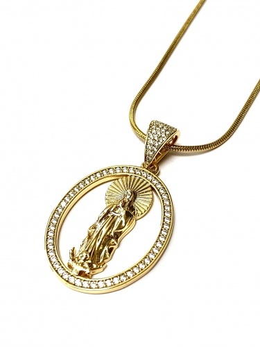 OVÁLNÝ PŘÍVĚSEK S PANNOU MARIÍ ZDOBENÝ KRYSTALY + ŘETÍZEK Z UŠLECHTILÉ O.