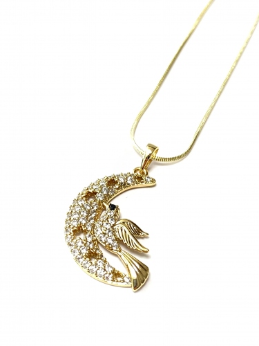 PŘÍVĚSEK KOUZELNÝ MĚSÍC S PTÁČKEM ZDOBENÝ ZIRKONY(CZ) V BARVĚ 14K ZLATA