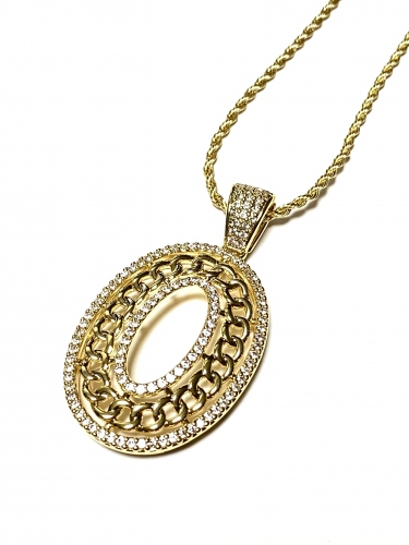 VELKÝ  PŘÍVĚSEK VE TVARU OVÁLU SE ZIRKONY(CZ) V BARVĚ 14K ZLATA + ŘETÍZEK