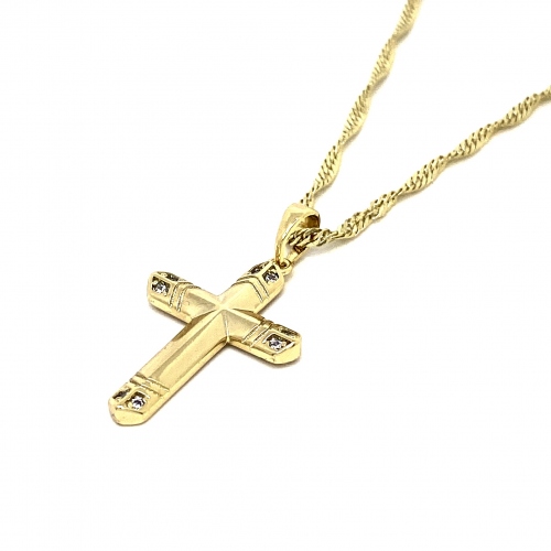 ZLATÝ PŘÍVĚSEK KŘÍŽEK ZDOBENÝ GRAVÍREM A ZIRKONY(CZ) ŘETÍZKU V BARVĚ 14K ZL. 