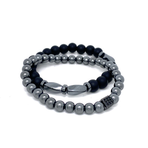 UNISEX SET NÁRAMKŮ V PROVEDENÍ VZORU HEMATITU A ČERNÝCH KORÁLKŮ (MAX. 20CM)