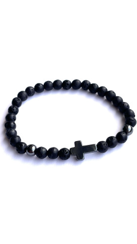 UNISEX KAMENNÝ NÁRAMEK S LÁVOVÝMI KAMENY ZDOBENÝ KŘÍŽKEM (MAX. 22CM)