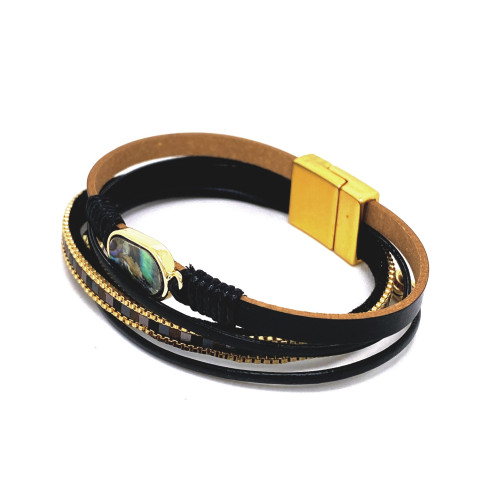 ZDOBNÝ KOŽENÝ ČTYŘVRSTVÝ NÁRAMEK S OVÁLNOU OZDOBOU Z ABALONE PERLETI (18,5CM)