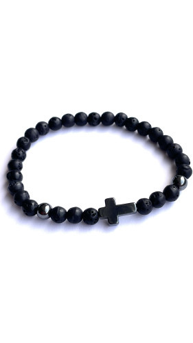 UNISEX KAMENNÝ NÁRAMEK S LÁVOVÝMI KAMENY ZDOBENÝ KŘÍŽKEM (MAX. 20CM)