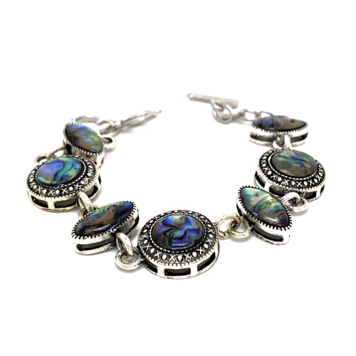 NÁRAMEK SE SPOJENÝMI GRAVÍROVANÝMI KROUŽKY A OVÁLKY S ABALONE PERLETÍ (20-22CM)