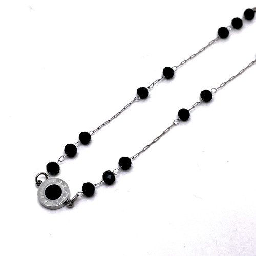 STYLOVÝ NÁRAMEK V TÓNU BÍLÉHO ZLATA S ČERNÝMI BROUŠENÝMI KORÁLKY (19,5-22CM)