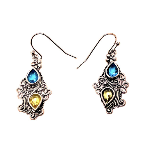 PŮVABNÉ NÁUŠNICE V ORIENTÁLNÍM STYLU S MODRÝM A ŽLUTÝM KRYSTALEM (4CM)