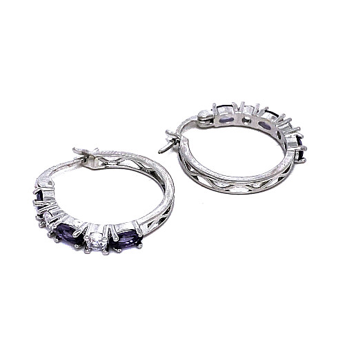 ELEGANTNÍ DÁMSKÉ KRUHOVÉ NÁUŠNICE OZDOBENÉ FIALOVÝMI A ČIRÝMI KRYSTALY (2,2CM)